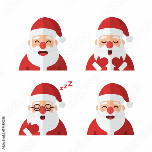 Flat Design Santa Claus Characters with Various Expressions and Transparent Background