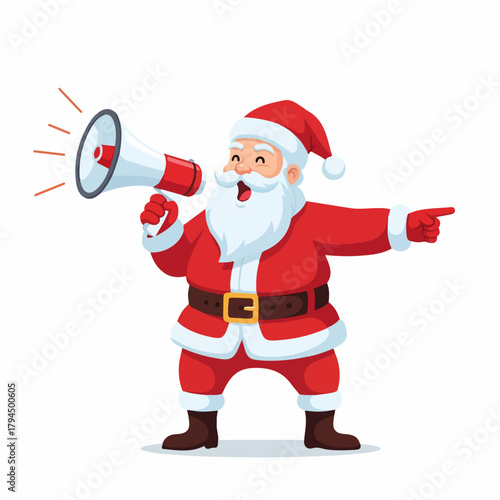 Cheerful Santa Claus Character Shouting and Pointing with Megaphone on a Transparent Background.