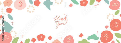 お正月素材。年賀状用の椿と桜のかわいいフレーム。和風花柄素材。
New Year's material. A cute frame of camellia and cherry blossoms for New Year's cards. Japanese-style floral material.