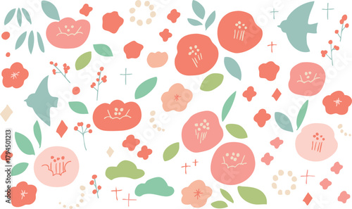 お正月素材。年賀状用の椿と桜のかわいいフレーム。和風花柄素材。
New Year's material. A cute frame of camellia and cherry blossoms for New Year's cards. Japanese-style floral material.