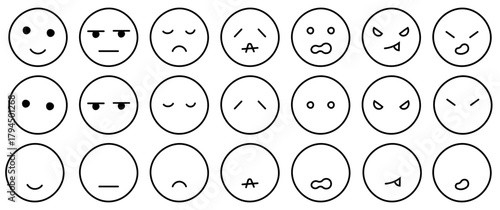 手書きの喜怒哀楽いろんな感情アイコン　黒線　笑顔・じと目・寂しい・ショック・驚き・びっくり・怒るなど