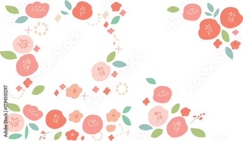 お正月素材。年賀状用の椿と桜のかわいいフレーム。和風花柄素材。
New Year's material. A cute frame of camellia and cherry blossoms for New Year's cards. Japanese-style floral material.