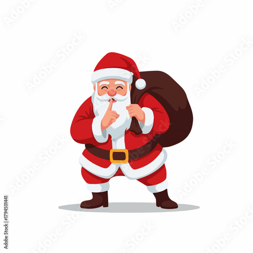 Cheerful Cartoon Santa Claus with Finger on Lips Holding a Sack, Transparent Background.