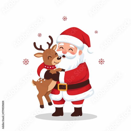 Happy Santa Claus Hugging Cute Reindeer with Festive Snowflakes, Transparent Background