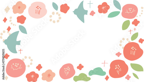 お正月素材。年賀状用の椿と桜のかわいいフレーム。和風花柄素材。
New Year's material. A cute frame of camellia and cherry blossoms for New Year's cards. Japanese-style floral material.