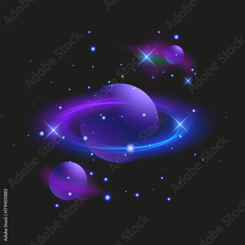 Glowing Purple Planet with Rings in Cosmic Space Neon planet with glowing rings