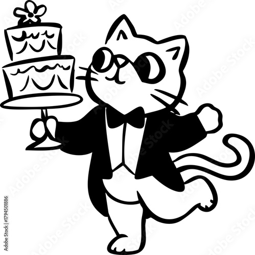 Whimsical Wedding Waitress Cat Illustration