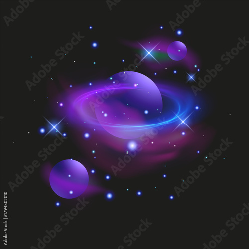 Glowing Purple Planet with Rings in Cosmic Space Neon planet with glowing rings