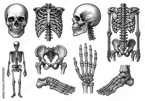 Vintage anatomical skeleton diagram with skull, rib cage, vertebrae, and human bones