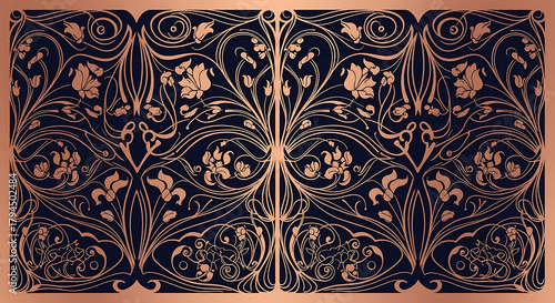 Ornate floral pattern with symmetrical design in copper tones on a dark background creating an elegant look