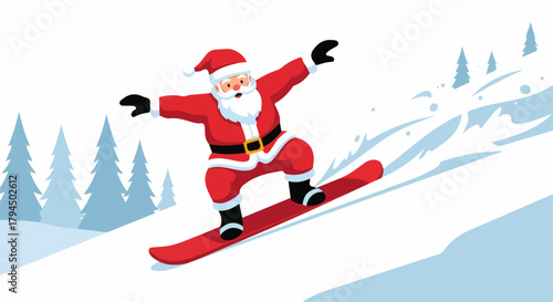 Santa Claus Snowboarding Down a Snowy Slope with a Transparent Background