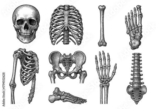 Detailed anatomy of human skeleton bones in engraved style