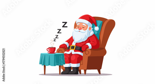 Cartoon Santa Claus Sleeping in Armchair with Hot Drink on Transparent Background.