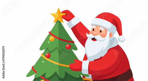 Festive Santa Claus Decorating a Christmas Tree with a Golden Star on a Transparent Background.