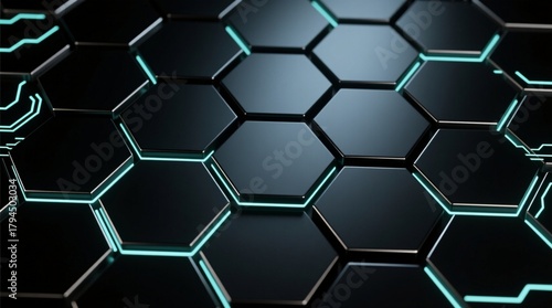 Futuristic Hexagonal Grid with Glowing Cyan Lines, Abstract Technology Background