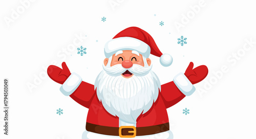 Joyful Cartoon Santa Claus with Open Arms and Falling Snowflakes, Transparent Background