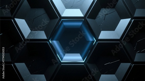 Futuristic Hexagonal Tunnel with Blue Neon Light, Sci-Fi Corridor or Portal Concept