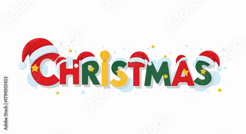 Festive Christmas typography with colorful letters, Santa hats, stars, and snow, presented on a transparent background.