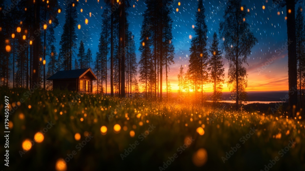 Obraz premium Celebration of blessings with baubles at a cozy cabin under angelic stars in a serene forest environment