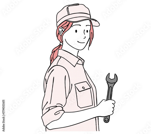 スパナを持つ作業服の女性,整備士,技術者,修理,工具,シンプル,ベクター