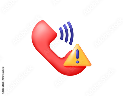 Dangerous call concept. Suspicious or fraudulent call warning. Notification, prevention, and safety. Illustration of a telephone, sound waves, and a warning sign. 3D style design. White background