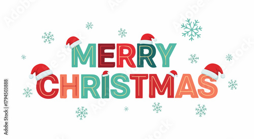 Vibrant Merry Christmas Typography with Santa Hats and Snowflakes on a Transparent Background.
