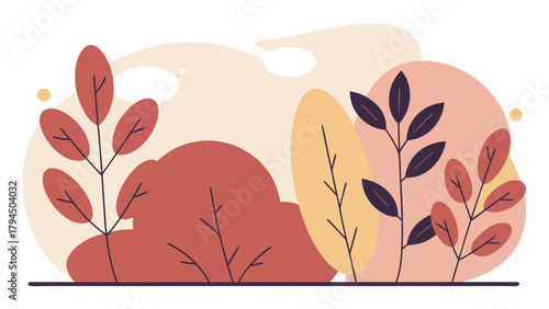 Minimalist flat design illustration of colorful decorative autumnal foliage plants