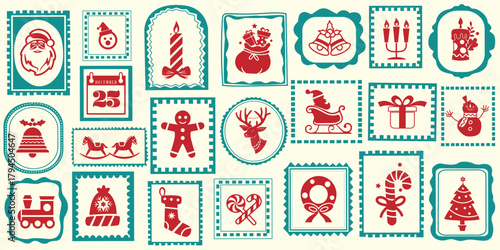 Vintage Christmas stamp frame poster vector set featuring Santa, gift, candle, snowman, reindeer, candy canes and holiday icons. Perfect for festive cards, decor, craft, branding and seasonal design.
