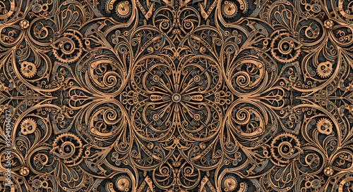 Symmetrical steampunk pattern with gears and intricate metalwork designs in bronze and dark gray tones