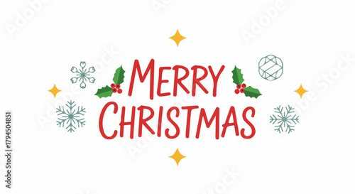 Festive Merry Christmas Greeting with Holly, Snowflakes, Stars, and Geometric Ornament on Transparent Background