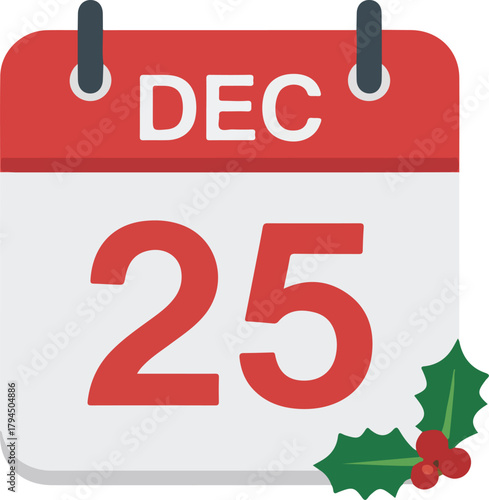 December 25 calendar vector icon featuring festive holly and berries for Christmas season celebration