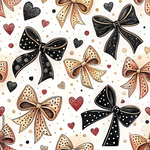 Black and golden bows with small heart dots seamless pattern illustration, Luxury, Stylish, Glitter Gold Bow Background, Trendy, gift wrapping, festive decorations, invitations, posters, Christmas,