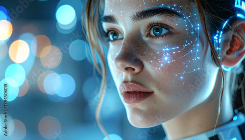 Futuristic Serenity: A woman, her face subtly illuminated with digital patterns, gazes into the distance. She embodies the intersection of technology and human, against a soft, bokeh background.