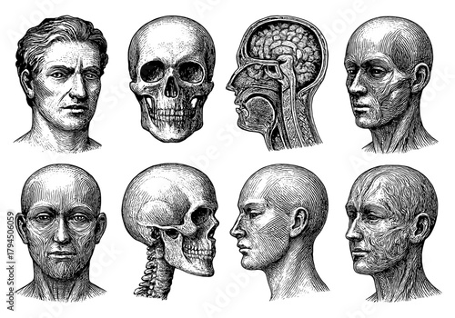 Detailed anatomical study of human skulls and faces with cross-section views