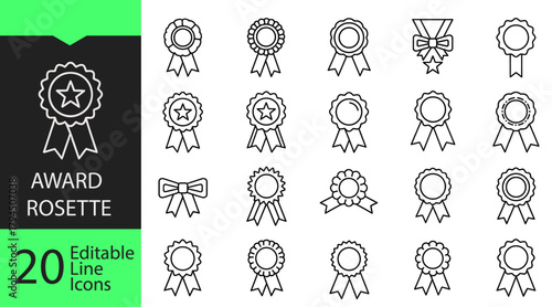 Award rosette and ribbon editable line icon set. Vector symbols for medals, badges, quality seals, and winner certification