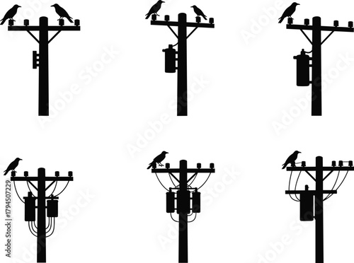 Flat vector illustration of utility poles with birds, transformers, crossarms, power lines, urban infrastructure silhouette