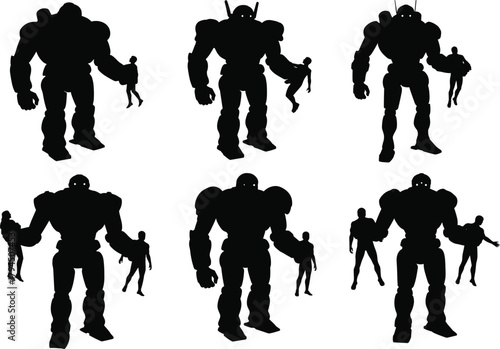 Giant robot silhouettes, futuristic humanoid machines, holding small humans, science fiction power, dominance flat vector