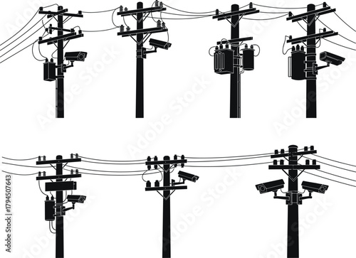 Flat vector illustration of utility poles with transformers, insulators, surveillance cameras, power lines, urban infrastructure silhouette