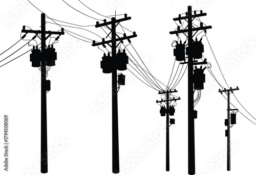 Flat vector illustration of utility poles with transformers, insulators, power lines, urban electrical distribution infrastructure silhouette