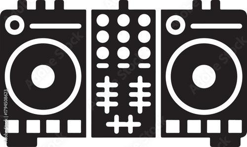DJ mixer vector icon with two turntables and central control panel for music and audio production.
