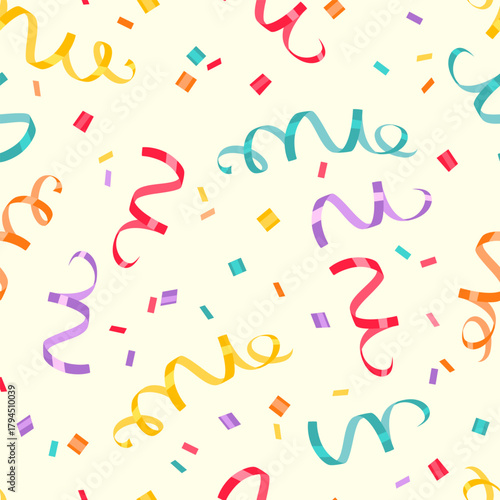 Сonfetti background. Colorful ribbons seamless pattern.  Vector cartoon flat illustration of festive streamers.