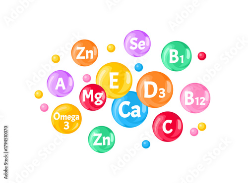 Multivitamins and minerals banner. Complex of dietary supplements. Vector cartoon flat illustration.