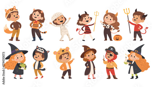 Set of cute kids in halloween costumes. Trick or treat.  Vector illustration in cartoon style.