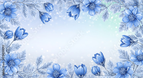 A beautiful floral frame with blue flowers and frosted leaves on a light blue background
