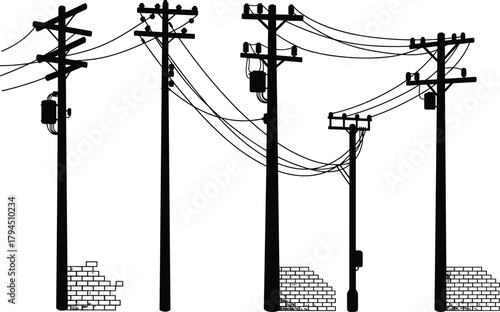 Flat vector illustration of utility poles with transformers, insulators, brick bases, power lines, urban infrastructure silhouette