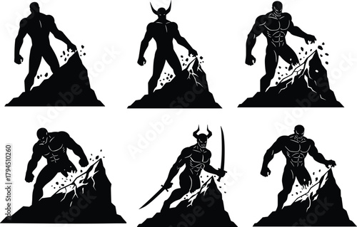 Mythical giant silhouettes, muscular fantasy warriors, horned demon gods, cracked mountain peaks, powerful strength flat vector