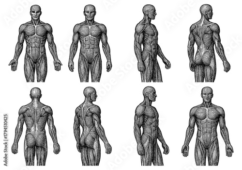 Anatomical diagrams of human muscular system from multiple angles