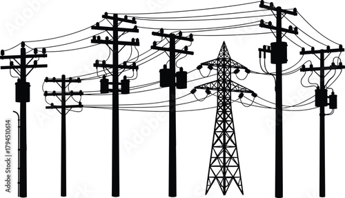 Flat vector illustration of utility poles with transformers and transmission tower, power lines, urban electrical infrastructure silhouette
