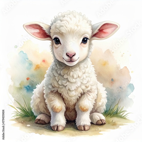 Adorable baby lamb with curly white wool and gentle eyes sitting on grass in soft watercolor meadow scene
