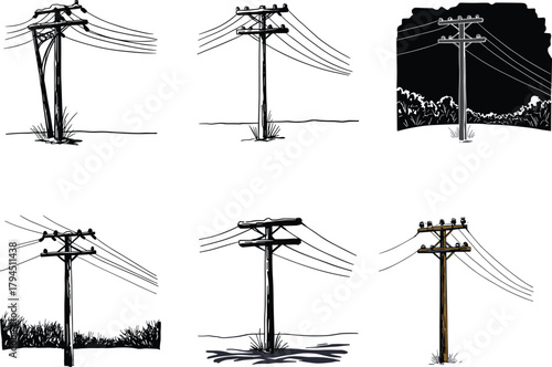 Flat vector illustration of utility poles with transformers, insulators, power lines, urban electrical infrastructure silhouette set